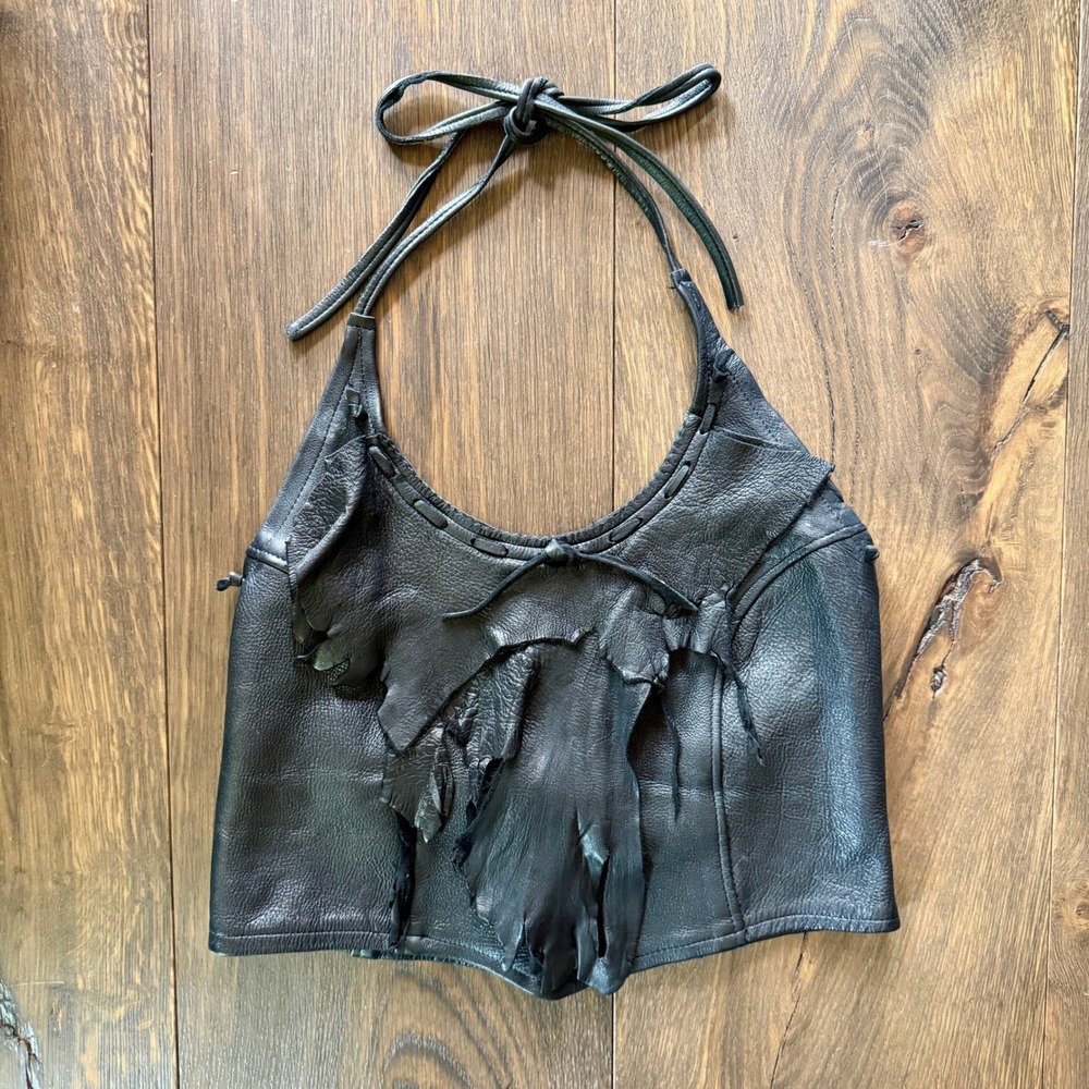 Chaps & Bags Handcrafted Leather Halter Top M Black Fringe Bike Sturgis Festival